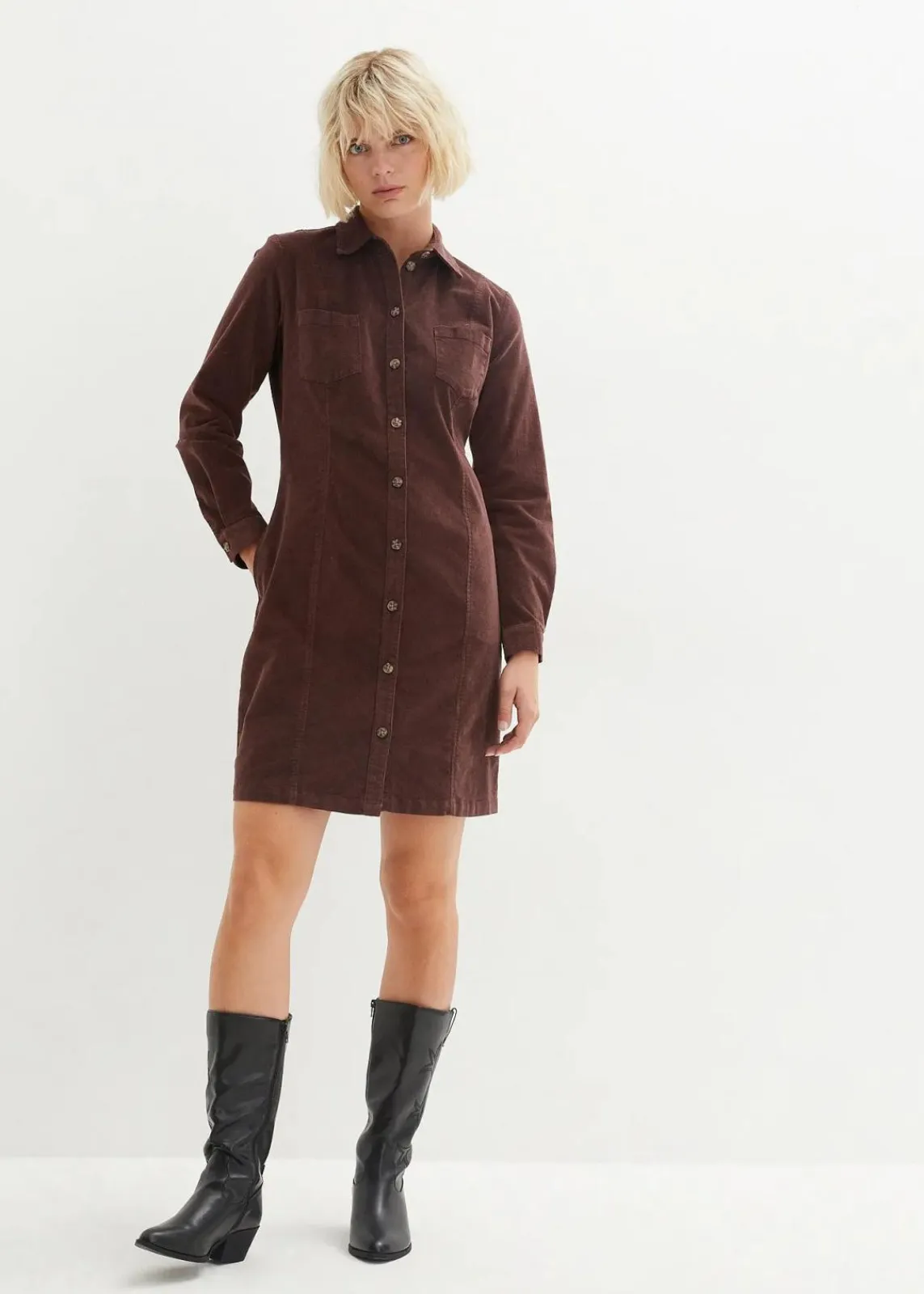 bonprix Kleider|Bekleidung·Pullover & Strickjacken^Hemdblusenkleid Cord, Stretch terrabraun
