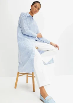 bonprix Kleider|Bekleidung·Pullover & Strickjacken^Hemdblusenkleid gestreift mittelblau/weiß gestreift