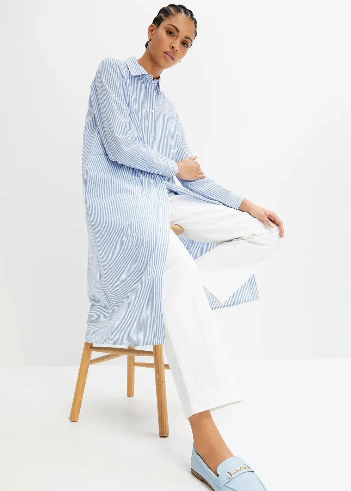 bonprix Kleider|Bekleidung·Pullover & Strickjacken^Hemdblusenkleid gestreift mittelblau/weiß gestreift
