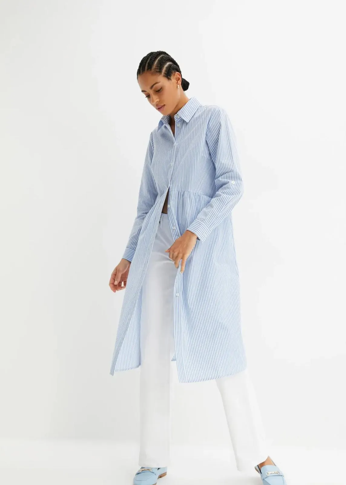 bonprix Kleider|Bekleidung·Pullover & Strickjacken^Hemdblusenkleid gestreift mittelblau/weiß gestreift