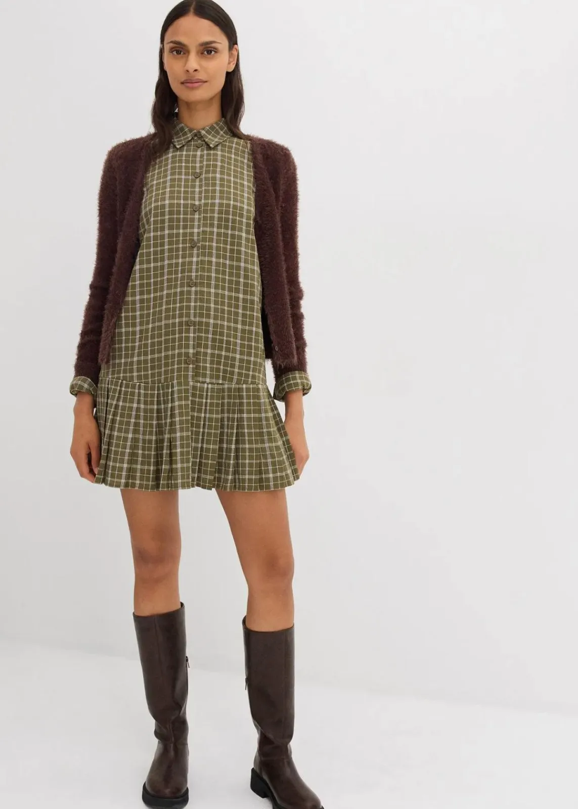 bonprix Kleider^Hemdblusenkleid mit Karomuster oliv kariert