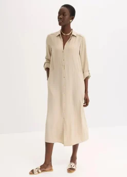bonprix Bekleidung·Pullover & Strickjacken|Kleider^Hemdblusenkleid mit Leiterspitze sand