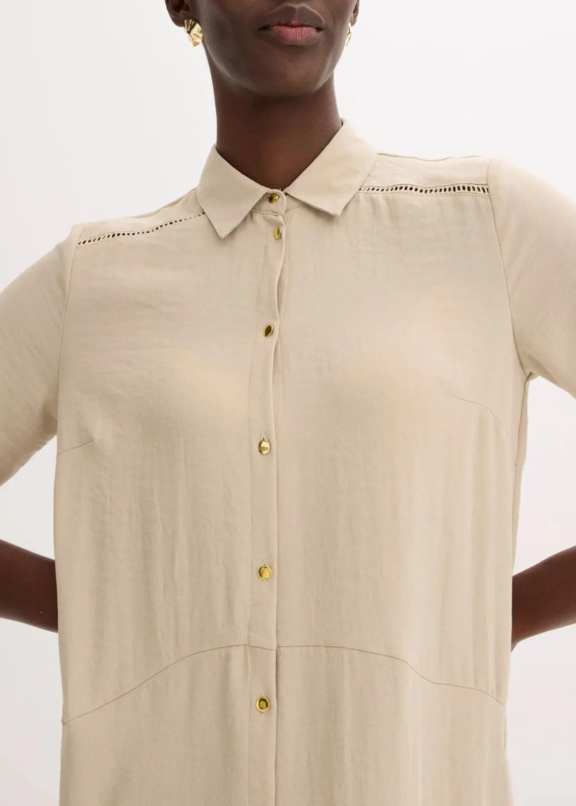 bonprix Bekleidung·Pullover & Strickjacken|Kleider^Hemdblusenkleid mit Leiterspitze sand