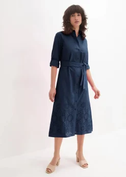 bonprix Kleider|Bekleidung·Pullover & Strickjacken^Hemdblusenkleid mit Lochstickerei dunkelblau