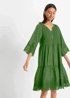 bonprix Kleider|Bekleidung·Pullover & Strickjacken^Hemdblusenkleid mit Spitze forstgrün