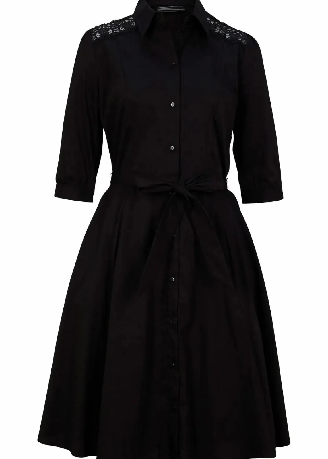 bonprix Kleider|Kurzgrößen^Hemdblusenkleid mit Spitze und Bindeband schwarz