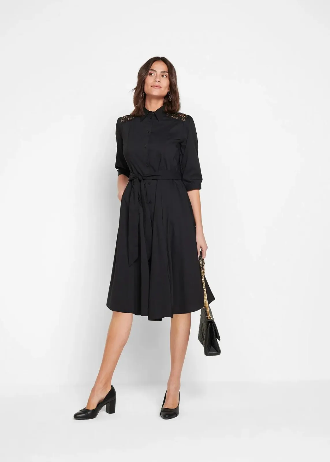 bonprix Kleider|Kurzgrößen^Hemdblusenkleid mit Spitze und Bindeband schwarz
