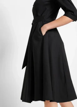 bonprix Kleider|Kurzgrößen^Hemdblusenkleid mit Spitze und Bindeband schwarz