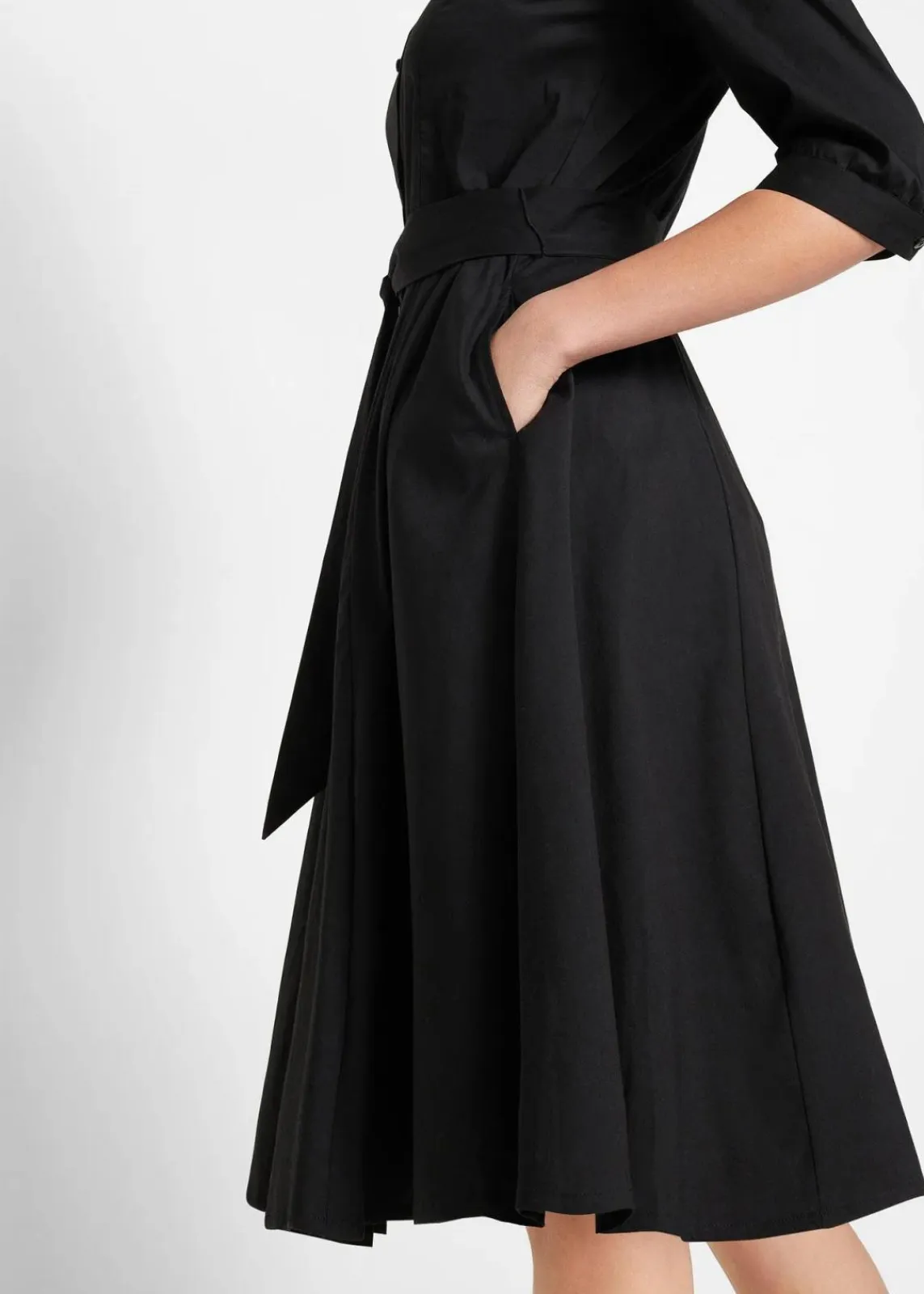bonprix Kleider|Kurzgrößen^Hemdblusenkleid mit Spitze und Bindeband schwarz