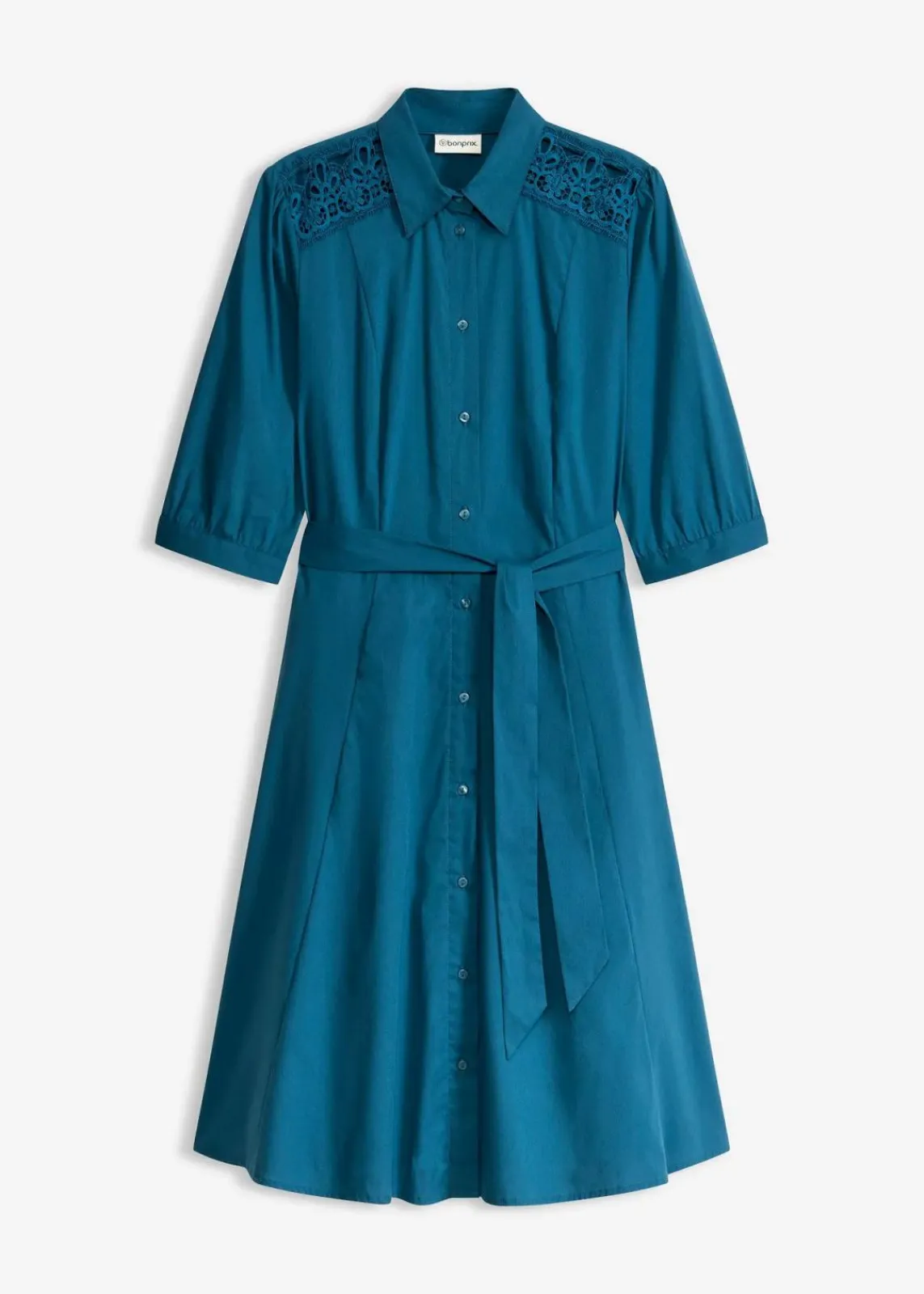 bonprix Kurzgrößen|Bekleidung·Pullover & Strickjacken^Hemdblusenkleid mit Spitze und Bindeband blaupetrol