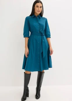 bonprix Kurzgrößen|Bekleidung·Pullover & Strickjacken^Hemdblusenkleid mit Spitze und Bindeband blaupetrol