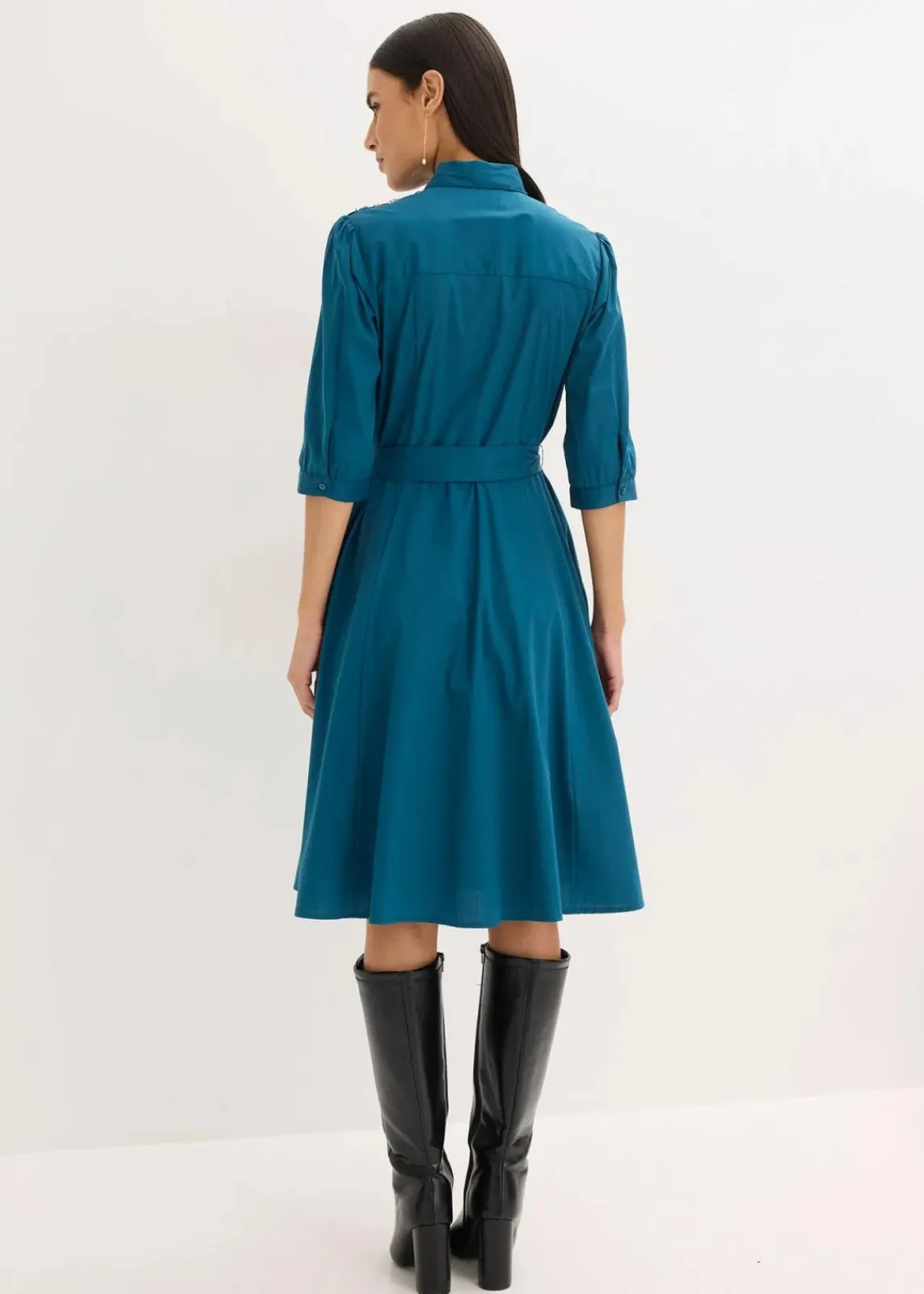 bonprix Kurzgrößen|Bekleidung·Pullover & Strickjacken^Hemdblusenkleid mit Spitze und Bindeband blaupetrol