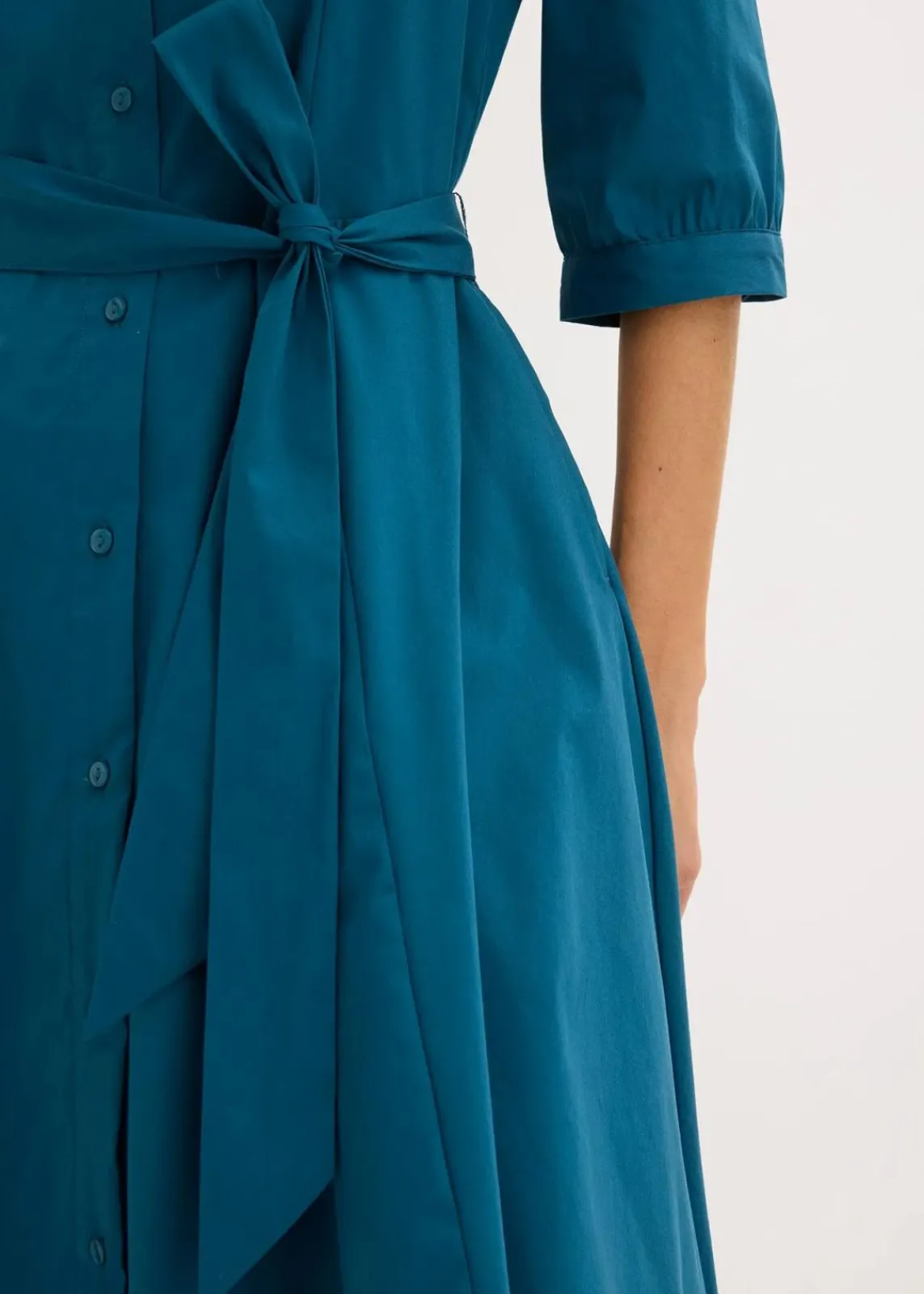 bonprix Kurzgrößen|Bekleidung·Pullover & Strickjacken^Hemdblusenkleid mit Spitze und Bindeband blaupetrol