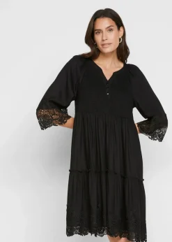 bonprix Kleider|Bekleidung·Pullover & Strickjacken^Hemdblusenkleid mit Spitze schwarz