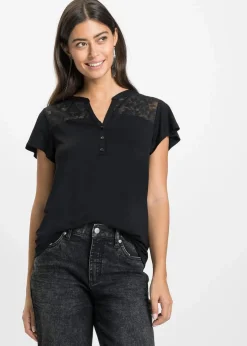 bonprix Nachhaltigere Materialien|Shirts & Tops^Henleyshirt aus Viskose-Mix schwarz