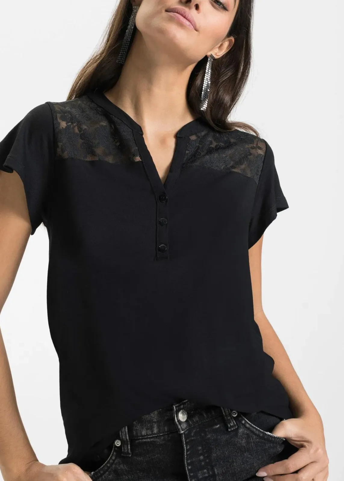 bonprix Nachhaltigere Materialien|Shirts & Tops^Henleyshirt aus Viskose-Mix schwarz