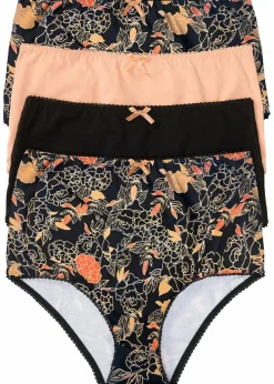 bonprix Wäsche·Baumwollunterwäsche|Wäsche·Höschen^Highwaist Slip (4er Pack) schwarz geblümt + schwarz + melba