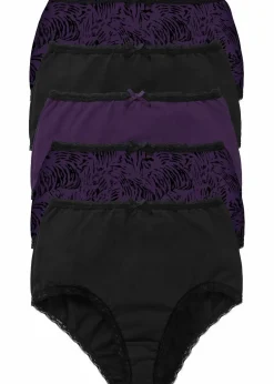 bonprix Wäsche·Baumwollunterwäsche|Wäsche·Höschen^Highwaist Slip (5er Pack) schwarz + dunkellila bedruckt