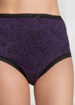 bonprix Wäsche·Baumwollunterwäsche|Wäsche·Höschen^Highwaist Slip (5er Pack) schwarz + dunkellila bedruckt