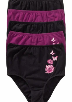 bonprix Wäsche·Baumwollunterwäsche|Wäsche·Höschen^Highwaist Slip (5er Pack) schwarz + veilchenlila bedruckt