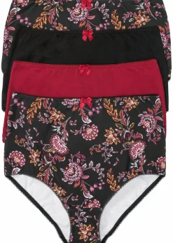 bonprix Wäsche·Baumwollunterwäsche|Wäsche·Höschen^Highwaist Slip mit Baumwolle (4er Pack) schwarz geblümt + schwarz + dunkelrot
