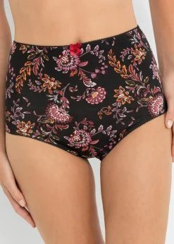 bonprix Wäsche·Baumwollunterwäsche|Wäsche·Höschen^Highwaist Slip mit Baumwolle (4er Pack) schwarz geblümt + schwarz + dunkelrot