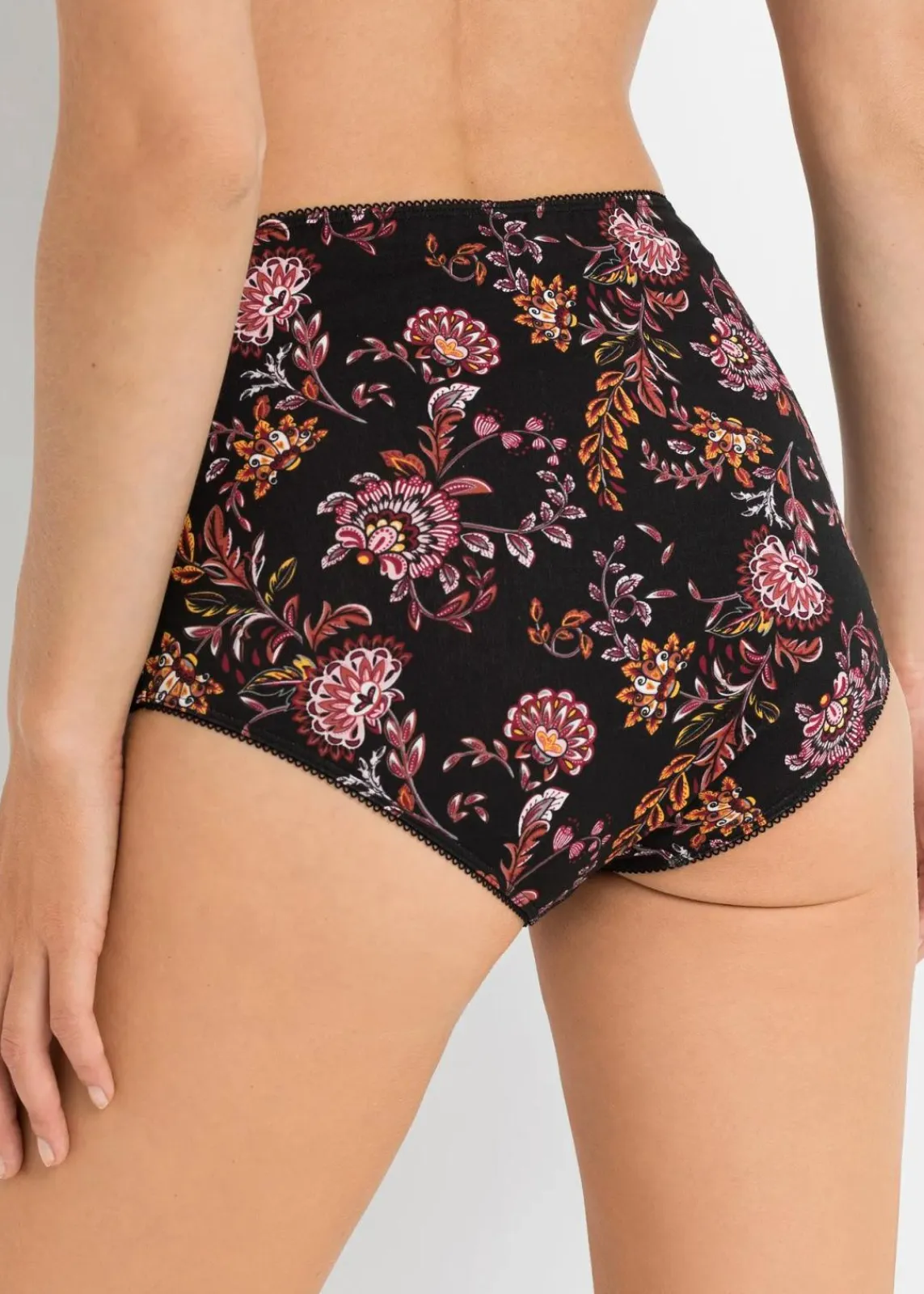 bonprix Wäsche·Baumwollunterwäsche|Wäsche·Höschen^Highwaist Slip mit Baumwolle (4er Pack) schwarz geblümt + schwarz + dunkelrot
