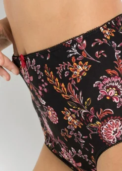 bonprix Wäsche·Baumwollunterwäsche|Wäsche·Höschen^Highwaist Slip mit Baumwolle (4er Pack) schwarz geblümt + schwarz + dunkelrot