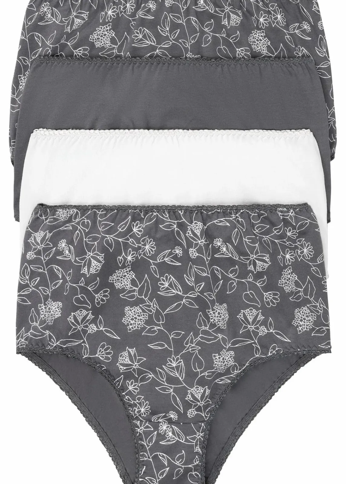 bonprix Wäsche·Baumwollunterwäsche|Wäsche·Höschen^Highwaist Slip mit komfortabler Baumwolle (4er Pack) schiefergrau/ mattsilber gebluemt + schiefergrau + mattsilber