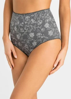 bonprix Wäsche·Baumwollunterwäsche|Wäsche·Höschen^Highwaist Slip mit komfortabler Baumwolle (4er Pack) schiefergrau/ mattsilber gebluemt + schiefergrau + mattsilber