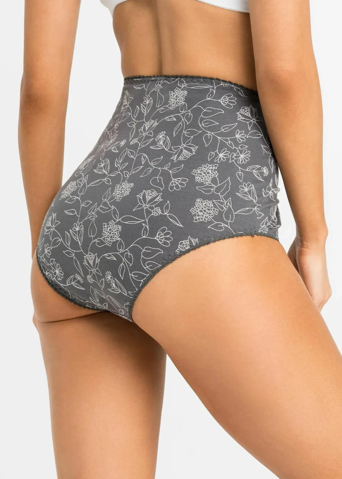 bonprix Wäsche·Baumwollunterwäsche|Wäsche·Höschen^Highwaist Slip mit komfortabler Baumwolle (4er Pack) schiefergrau/ mattsilber gebluemt + schiefergrau + mattsilber