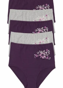 bonprix Höschen|Baumwollunterwäsche^Highwaist Slip (5er Pack) dunkellila + hellgrau meliert