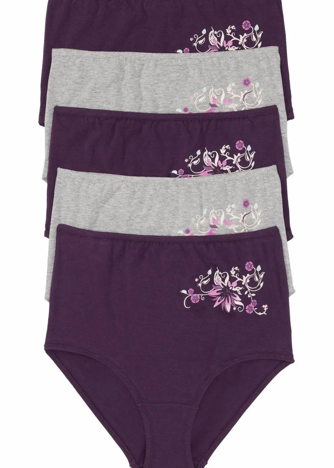 bonprix Höschen|Baumwollunterwäsche^Highwaist Slip (5er Pack) dunkellila + hellgrau meliert