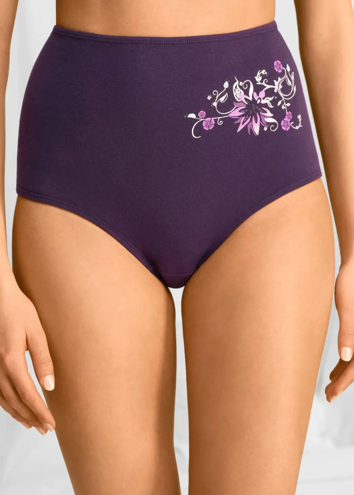 bonprix Höschen|Baumwollunterwäsche^Highwaist Slip (5er Pack) dunkellila + hellgrau meliert