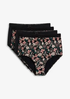 bonprix Wäsche·Baumwollunterwäsche|Wäsche·Höschen^Highwaist Slip mit Bio-Baumwolle (4er Pack) schwarz+schwarz floral