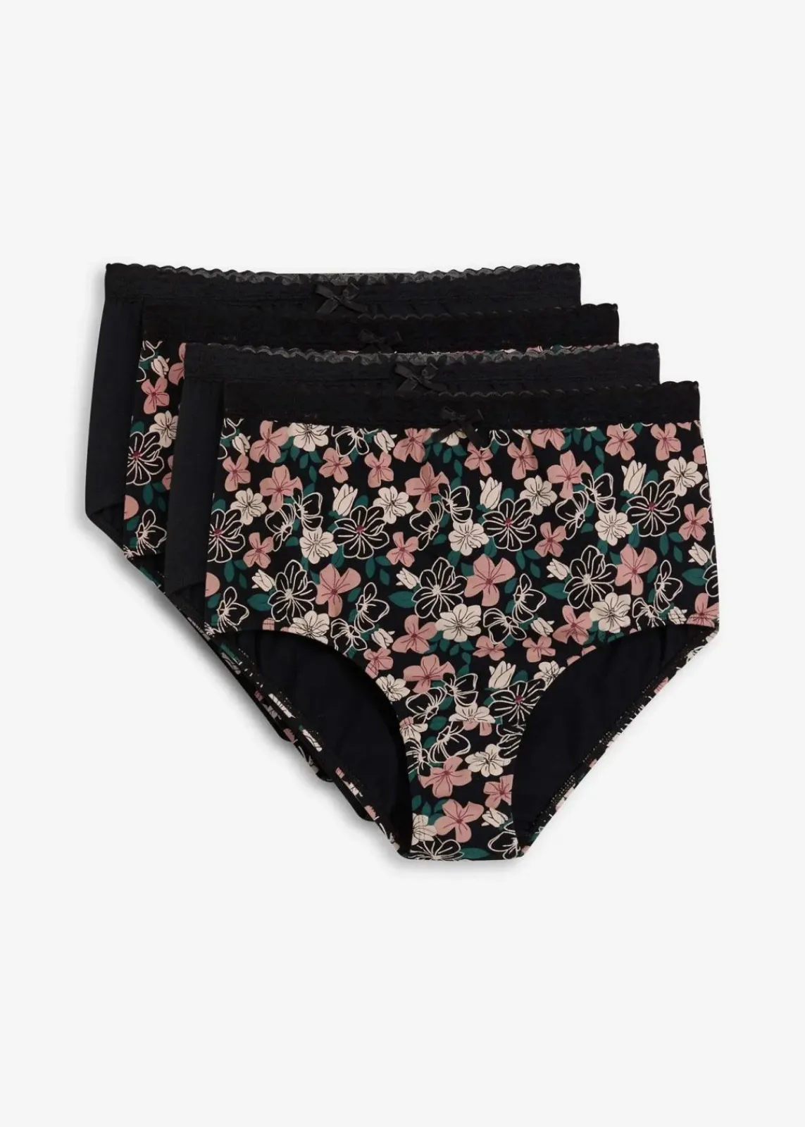 bonprix Wäsche·Baumwollunterwäsche|Wäsche·Höschen^Highwaist Slip mit Bio-Baumwolle (4er Pack) schwarz+schwarz floral