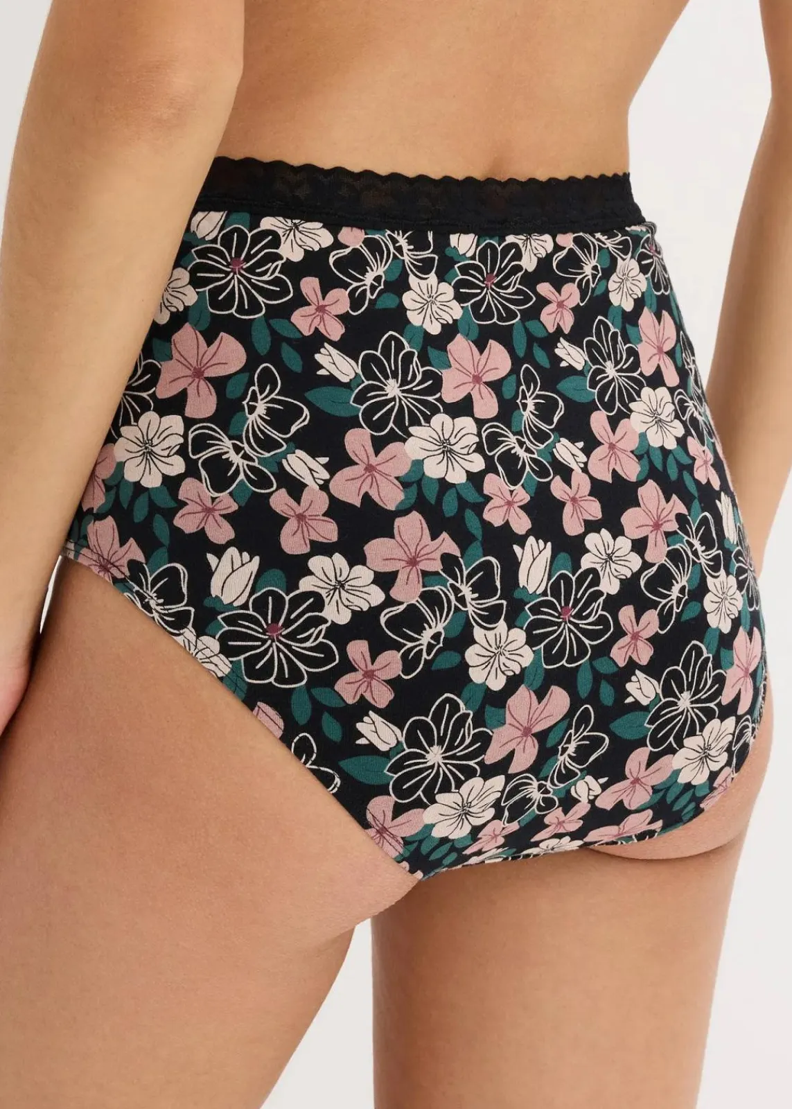bonprix Wäsche·Baumwollunterwäsche|Wäsche·Höschen^Highwaist Slip mit Bio-Baumwolle (4er Pack) schwarz+schwarz floral