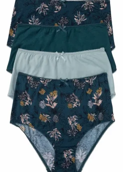 bonprix Wäsche·Baumwollunterwäsche|Wäsche·Höschen^Highwaist Slip mit Bio-Baumwolle (4er Pack) dunkelpetrol geblümt + dunkelpetrol + rauchblau