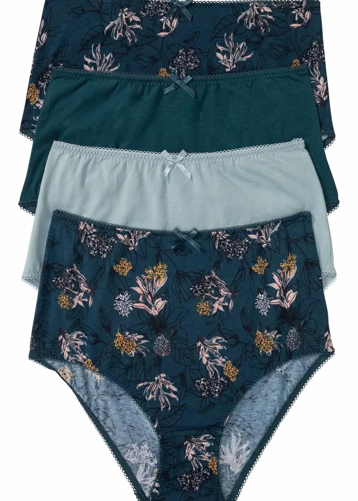 bonprix Wäsche·Baumwollunterwäsche|Wäsche·Höschen^Highwaist Slip mit Bio-Baumwolle (4er Pack) dunkelpetrol geblümt + dunkelpetrol + rauchblau