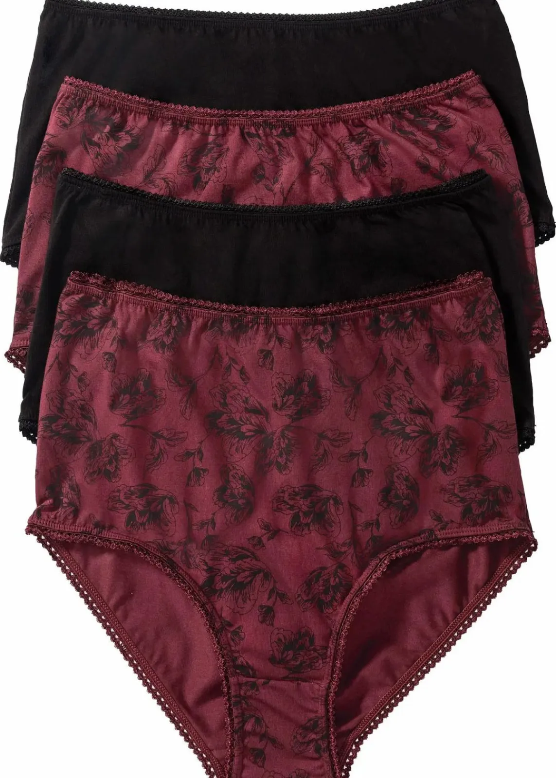 bonprix Wäsche·Baumwollunterwäsche|Wäsche·Höschen^Highwaist Slip mit Bio-Baumwolle (4er Pack) schwarz + ahornrot bedruckt