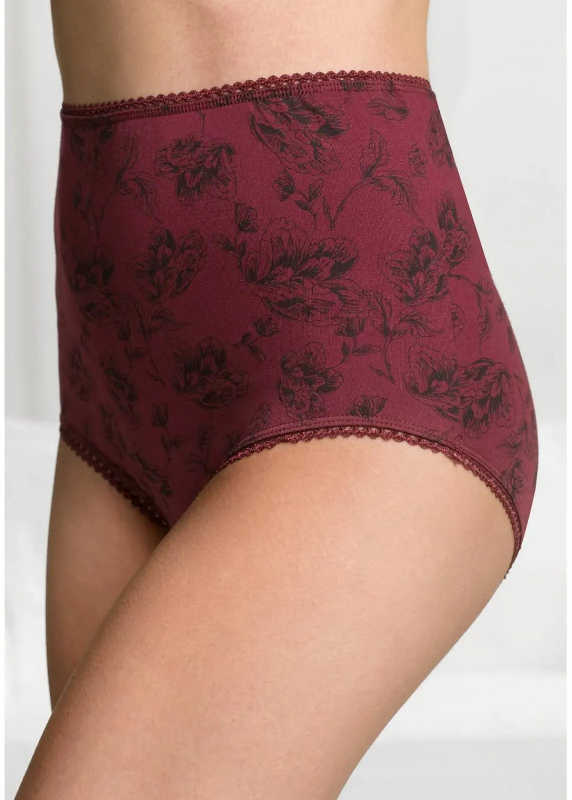 bonprix Wäsche·Baumwollunterwäsche|Wäsche·Höschen^Highwaist Slip mit Bio-Baumwolle (4er Pack) schwarz + ahornrot bedruckt