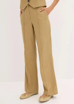 bonprix Hosen^Highwaist-Bundfaltenhose mit Leinen khakibraun