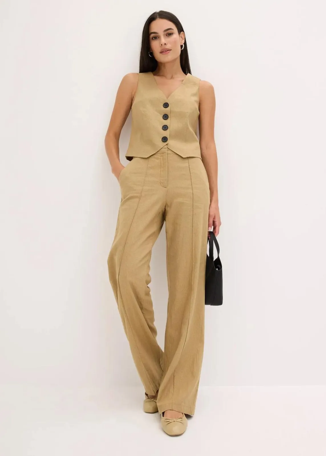 bonprix Hosen^Highwaist-Bundfaltenhose mit Leinen khakibraun
