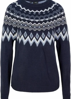 bonprix Bekleidung·Umstandsmode|Pullover & Strickjacken^Hochgeschlossener Norweger-Pullover dunkelblau graphisch