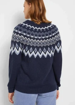 bonprix Bekleidung·Umstandsmode|Pullover & Strickjacken^Hochgeschlossener Norweger-Pullover dunkelblau graphisch