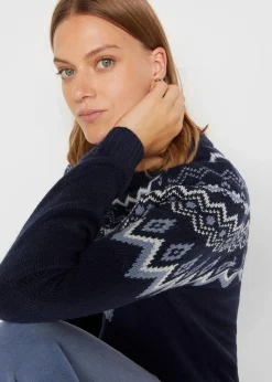 bonprix Bekleidung·Umstandsmode|Pullover & Strickjacken^Hochgeschlossener Norweger-Pullover dunkelblau graphisch