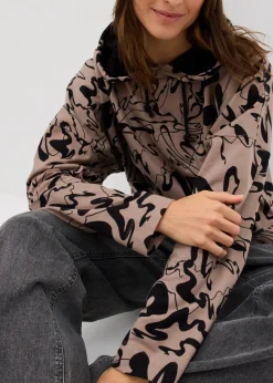 bonprix Sweat^Hoodie aus reiner Baumwolle beige/schwarz bedruckt