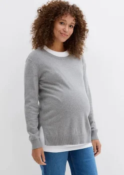 bonprix Bekleidung·Blazer|Umstandsmode^3-in-1 Set aus Umstandspullover und Stilltop aus Baumwollstrick hellgrau/weiß meliert