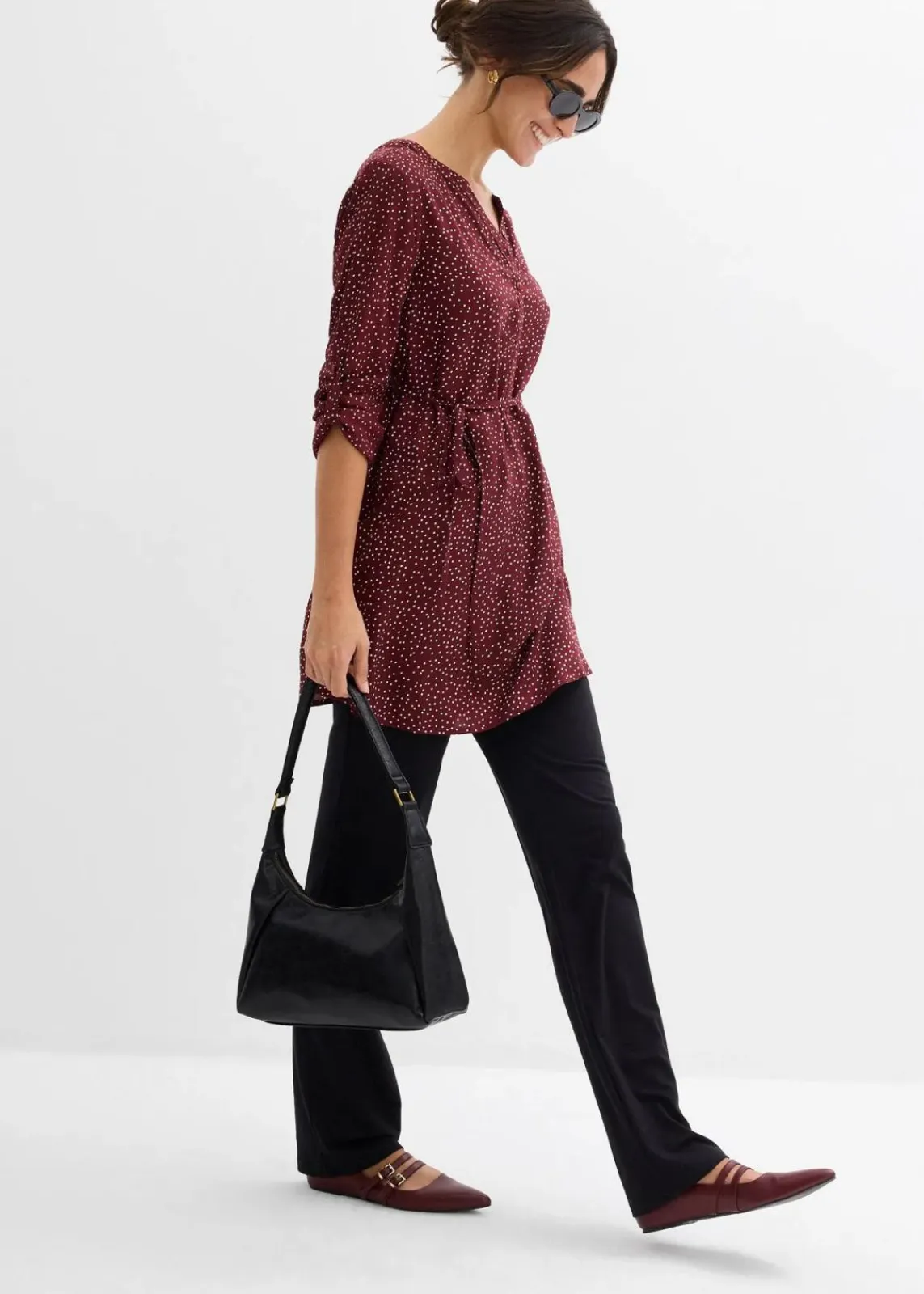 bonprix Bekleidung·Blazer|Umstandsmode^2-in-1 Umstands- und Stillblusenkleid aus fließender Viskose dunkelbeere/weiß gepunktet