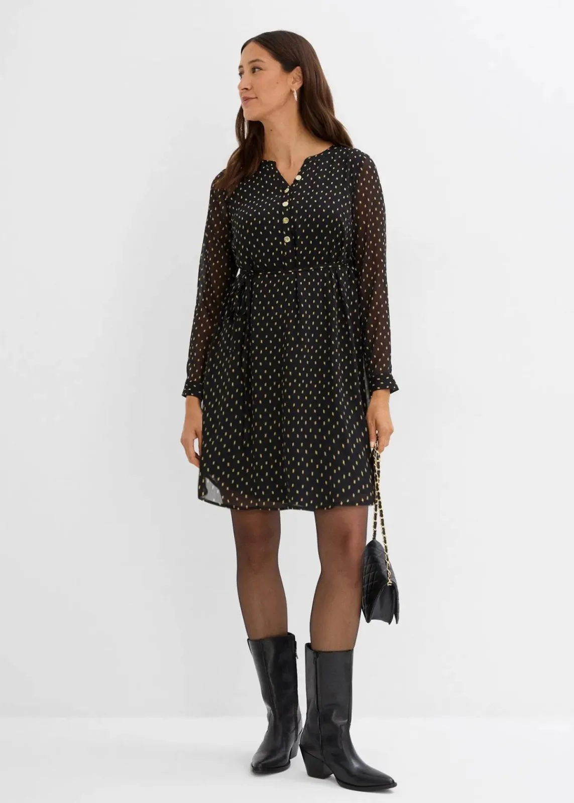bonprix Umstandsmode|Bekleidung·Blazer^2-in-1 Umstands- und Stillkleid aus Chiffon schwarz/gold gepunktet